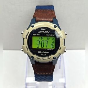Womens Vintage 1999 Timex Expedition 35mm Digital Watch Khaki Blue New Battery